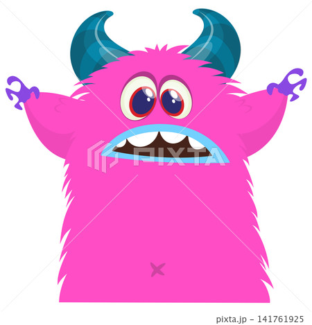 Cartoon cute and funny monster with scary face expression waving hands . Vector illustration isolated on white. For Halloween party decoration or package design Cartoon cute and funny monster with scary face expression waving hands . Vector illustration isolated on white. For Halloween party decoration or package design 141761925