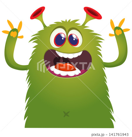 Cartoon cute and funny monster with scary face expression waving hands . Vector illustration isolated on white. For Halloween party decoration or package design Cartoon cute and funny monster with scary face expression waving hands . Vector illustration isolated on white. For Halloween party decoration or package design 141761943