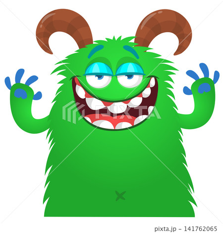 Cartoon cute and funny monster with scary face expression waving hands . Vector illustration isolated on white. For Halloween party decoration or package design Cartoon cute and funny monster with scary face expression waving hands . Vector illustration isolated on white. For Halloween party decoration or package design 141762065