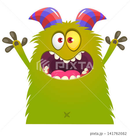 Cartoon cute and funny monster with scary face expression waving hands . Vector illustration isolated on white. For Halloween party decoration or package design 141762082