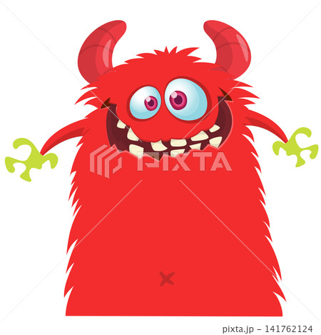 Cartoon cute and funny monster with scary face expression waving hands . Vector illustration isolated on white. For Halloween party decoration or package design Cartoon cute and funny monster with scary face expression waving hands . Vector illustration isolated on white. For Halloween party decoration or package design 141762124