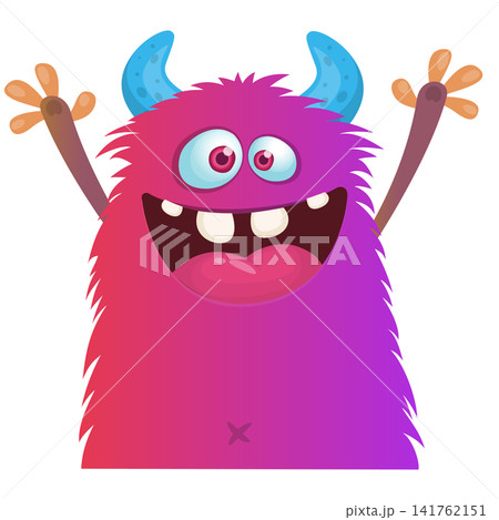 Cartoon cute and funny monster with scary face expression waving hands . Vector illustration isolated on white. For Halloween party decoration or package design Cartoon cute and funny monster with scary face expression waving hands . Vector illustration isolated on white. For Halloween party decoration or package design 141762151