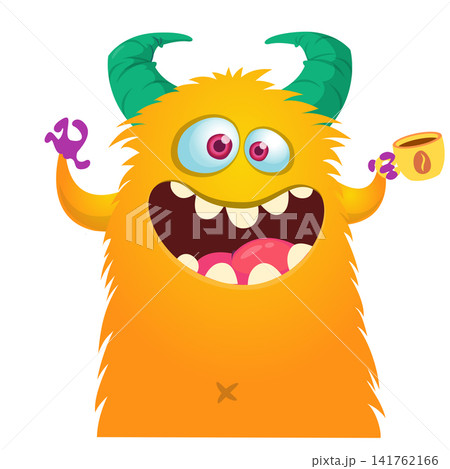 Cartoon cute and funny monster with scary face expression waving hands . Vector illustration isolated on white. For Halloween party decoration or package design Cartoon cute and funny monster with scary face expression waving hands . Vector illustration isolated on white. For Halloween party decoration or package design 141762166