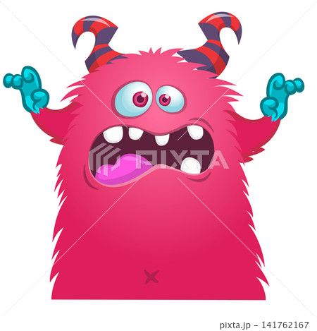 Cartoon cute and funny monster with scary face expression waving hands . Vector illustration isolated on white. For Halloween party decoration or package design Cartoon cute and funny monster with scary face expression waving hands . Vector illustration isolated on white. For Halloween party decoration or package design 141762167