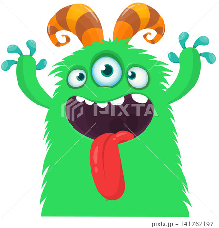 Cartoon cute and funny monster with scary face expression waving hands. Vector illustration isolated on white. For Halloween party decoration or package design Cartoon cute and funny monster with scary face expression waving hands. Vector illustration isolated on white. For Halloween party decoration or package design 141762197