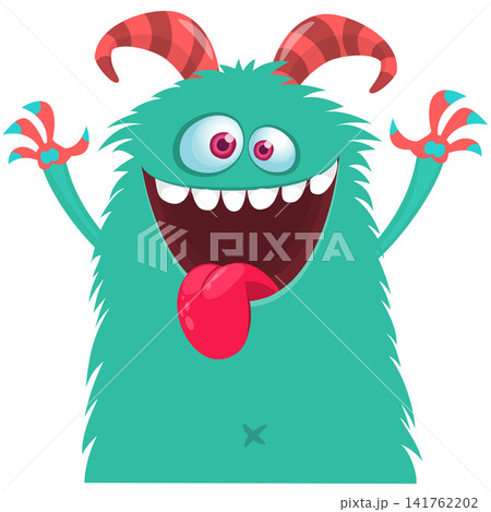 Cartoon cute and funny monster with scary face expression waving hands. Vector illustration isolated on white. For Halloween party decoration or package design 141762202