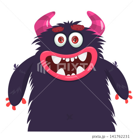 Cartoon cute and funny monster with scary face expression waving hands. Vector illustration isolated on white. For Halloween party decoration or package design Cartoon cute and funny monster with scary face expression waving hands. Vector illustration isolated on white. For Halloween party decoration or package design 141762231