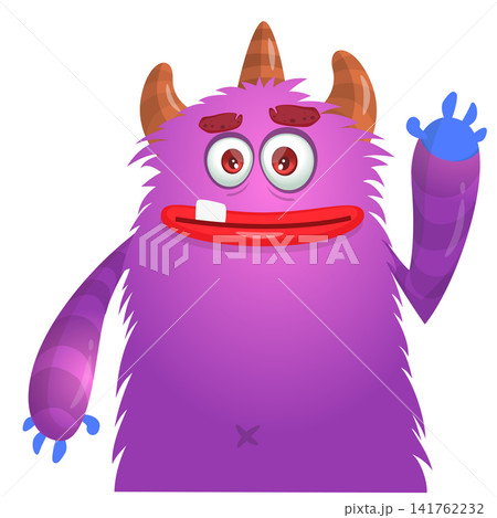 Cartoon cute and funny monster with scary face expression waving hands. Vector illustration isolated on white. For Halloween party decoration or package design Cartoon cute and funny monster with scary face expression waving hands. Vector illustration isolated on white. For Halloween party decoration or package design 141762232