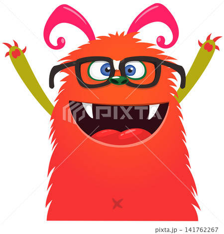 Cartoon cute and funny monster with scary face expression waving hands. Vector illustration isolated on white. For Halloween party decoration or package design 141762267