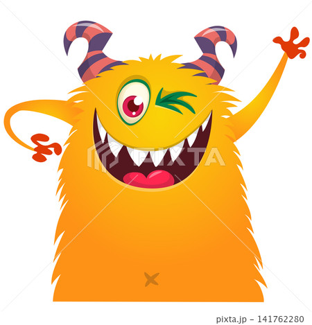 Cartoon cute and funny monster with scary face expression waving hands. Vector illustration isolated on white. For Halloween party decoration or package design 141762280