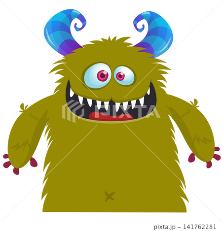 Cartoon cute and funny monster with scary face expression waving hands. Vector illustration isolated on white. For Halloween party decoration or package design Cartoon cute and funny monster with scary face expression waving hands. Vector illustration isolated on white. For Halloween party decoration or package design 141762281