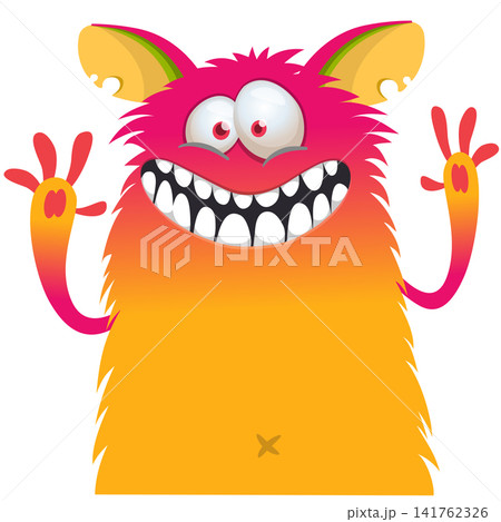 Cartoon cute and funny monster with scary face expression waving hands. Vector illustration isolated on white. For Halloween party decoration or package design 141762326