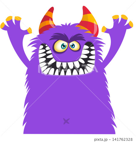 Cartoon cute and funny monster with scary face expression waving hands. Vector illustration isolated on white. For Halloween party decoration or package design 141762328