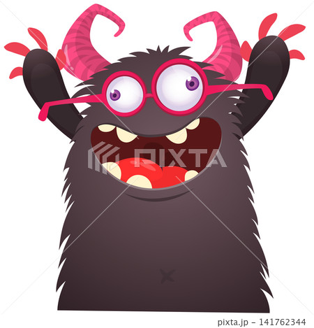 Cartoon cute and funny monster with scary face expression waving hands. Vector illustration isolated on white. For Halloween party decoration or package design Cartoon cute and funny monster with scary face expression waving hands. Vector illustration isolated on white. For Halloween party decoration or package design 141762344