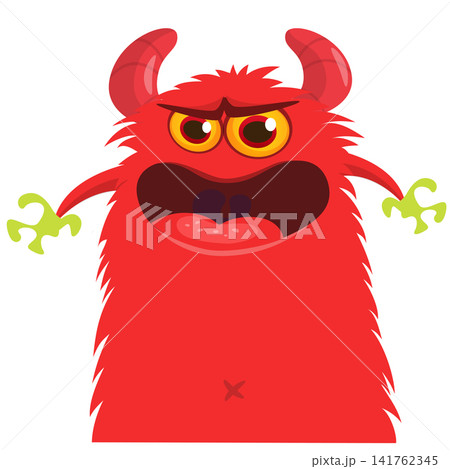 Cartoon cute and funny monster with scary face expression waving hands. Vector illustration isolated on white. For Halloween party decoration or package design 141762345