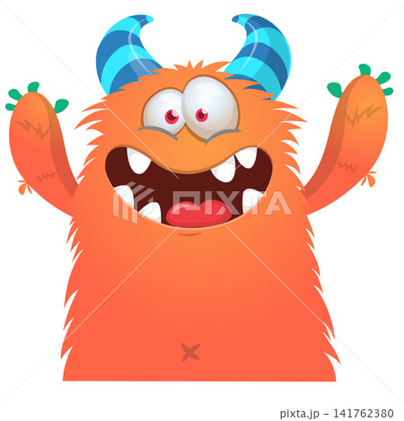 Cartoon cute and funny monster with scary face expression waving hands. Vector illustration isolated on white. For Halloween party decoration or package design 141762380