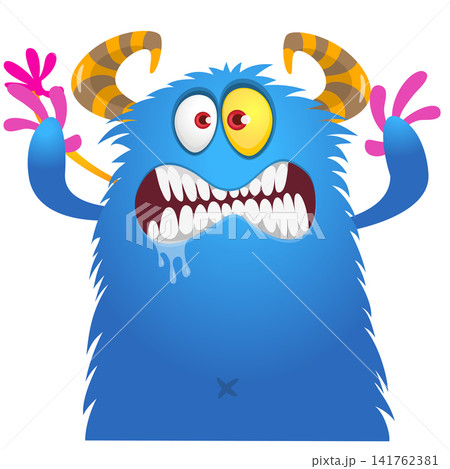 Cartoon cute and funny monster with scary face expression waving hands. Vector illustration isolated on white. For Halloween party decoration or package design Cartoon cute and funny monster with scary face expression waving hands. Vector illustration isolated on white. For Halloween party decoration or package design 141762381