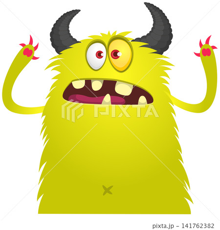 Cartoon cute and funny monster with scary face expression waving hands. Vector illustration isolated on white. For Halloween party decoration or package design Cartoon cute and funny monster with scary face expression waving hands. Vector illustration isolated on white. For Halloween party decoration or package design 141762382