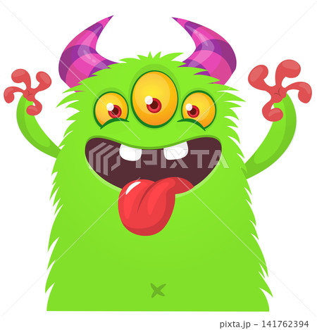 Cartoon cute and funny monster with scary face expression waving hands. Vector illustration isolated on white. For Halloween party decoration or package design 141762394