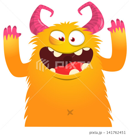 Cartoon cute and funny monster with scary face expression waving hands . Vector illustration isolated on white. For Halloween party decoration or package design Cartoon cute and funny monster with scary face expression waving hands . Vector illustration isolated on white. For Halloween party decoration or package design 141762451