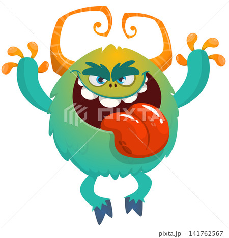 Cartoon cute and funny monster with scary face expression waving hands. Vector illustration isolated on white. For Halloween party decoration or package design Cartoon cute and funny monster with scary face expression waving hands. Vector illustration isolated on white. For Halloween party decoration or package design 141762567
