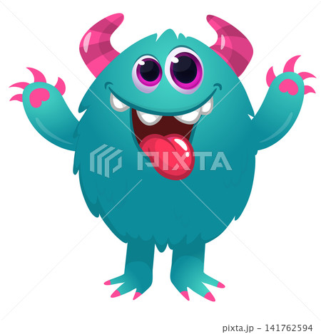 Cartoon cute and funny monster with scary face expression waving hands. Vector illustration isolated on white. For Halloween party decoration or package design Cartoon cute and funny monster with scary face expression waving hands. Vector illustration isolated on white. For Halloween party decoration or package design 141762594