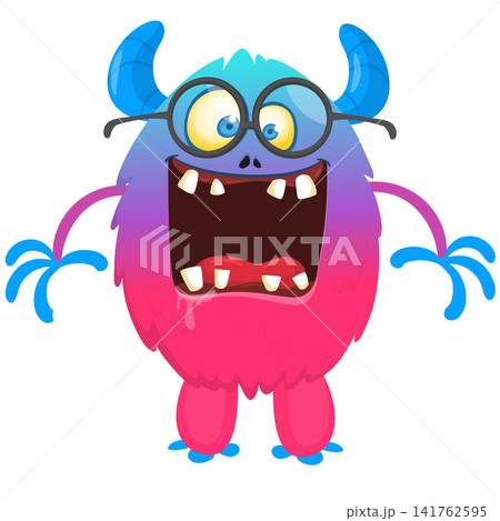 Cartoon cute and funny monster with scary face expression waving hands. Vector illustration isolated on white. For Halloween party decoration or package design 141762595