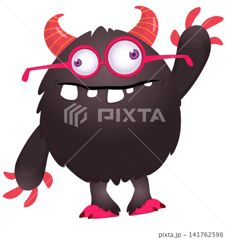 Cartoon cute and funny monster with scary face expression waving hands. Vector illustration isolated on white. For Halloween party decoration or package design Cartoon cute and funny monster with scary face expression waving hands. Vector illustration isolated on white. For Halloween party decoration or package design 141762598
