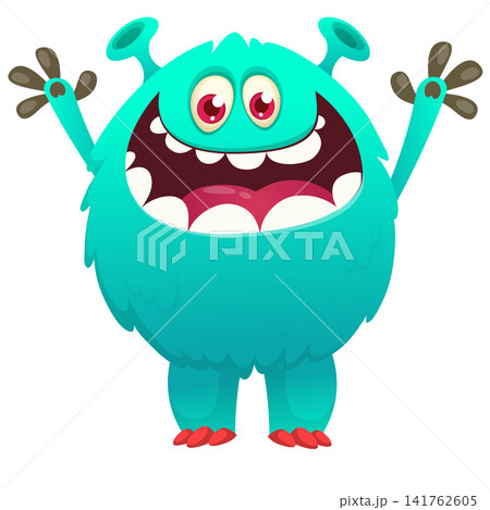 Cartoon cute and funny monster with scary face expression waving hands. Vector illustration isolated on white. For Halloween party decoration or package design Cartoon cute and funny monster with scary face expression waving hands. Vector illustration isolated on white. For Halloween party decoration or package design 141762605