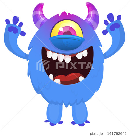Cartoon cute and funny monster with scary face expression waving hands. Vector illustration isolated on white. For Halloween party decoration or package design 141762643