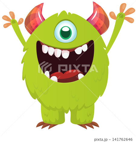 Cartoon cute and funny monster with scary face expression waving hands. Vector illustration isolated on white. For Halloween party decoration or package design Cartoon cute and funny monster with scary face expression waving hands. Vector illustration isolated on white. For Halloween party decoration or package design 141762646