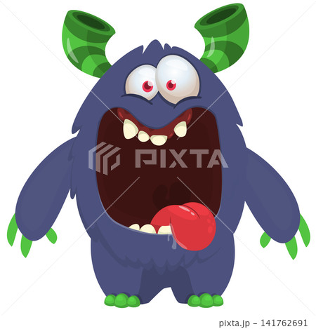 Cartoon cute and funny monster creature character design with scary horns and face expression waving hands . Vector illustration. For Halloween party decoration design Cartoon cute and funny monster creature character design with scary horns and face expression waving hands . Vector illustration. For Halloween party decoration design 141762691