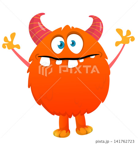 Cartoon cute and funny monster creature character design with scary horns and face expression waving hands . Vector illustration. For Halloween party decoration design Cartoon cute and funny monster creature character design with scary horns and face expression waving hands . Vector illustration. For Halloween party decoration design 141762723