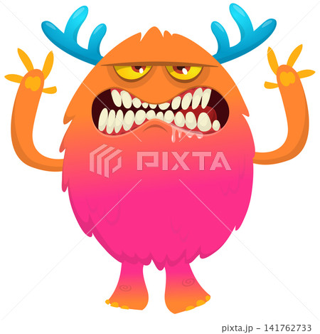 Cartoon cute and funny monster creature character design with scary horns and face expression waving hands . Vector illustration. For Halloween party decoration design Cartoon cute and funny monster creature character design with scary horns and face expression waving hands . Vector illustration. For Halloween party decoration design 141762733