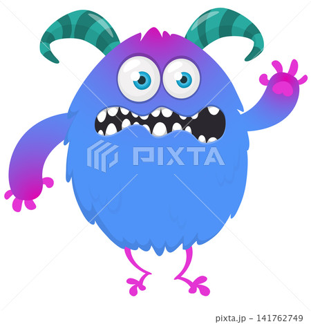 Cartoon cute and funny monster creature character design with scary horns and face expression waving hands . Vector illustration. For Halloween party decoration design Cartoon cute and funny monster creature character design with scary horns and face expression waving hands . Vector illustration. For Halloween party decoration design 141762749