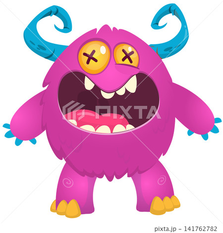 Cartoon cute and funny monster creature character design with scary horns and face expression waving hands . Vector illustration. For Halloween party decoration or package design Cartoon cute and funny monster creature character design with scary horns and face expression waving hands . Vector illustration. For Halloween party decoration or package design 141762782