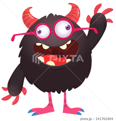 Cartoon cute and funny monster creature character design with scary horns and face expression waving hands . Vector illustration. For Halloween party decoration or package design Cartoon cute and funny monster creature character design with scary horns and face expression waving hands . Vector illustration. For Halloween party decoration or package design 141762804