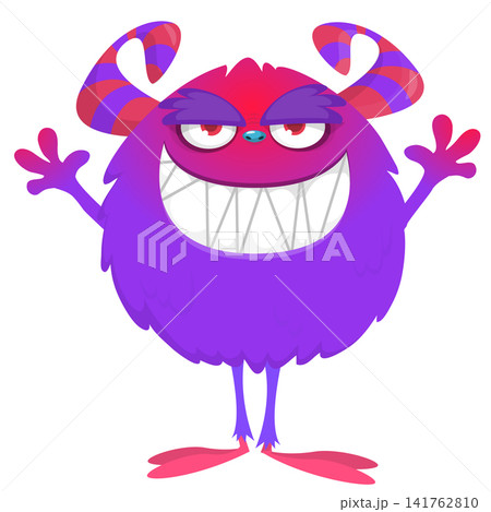 Cartoon cute and funny monster creature character design with scary horns and face expression waving hands . Vector illustration. For Halloween party decoration or package design Cartoon cute and funny monster creature character design with scary horns and face expression waving hands . Vector illustration. For Halloween party decoration or package design 141762810