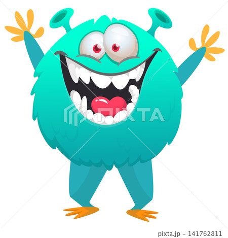 Cartoon cute and funny monster creature character design with scary horns and face expression waving hands . Vector illustration. For Halloween party decoration or package design Cartoon cute and funny monster creature character design with scary horns and face expression waving hands . Vector illustration. For Halloween party decoration or package design 141762811