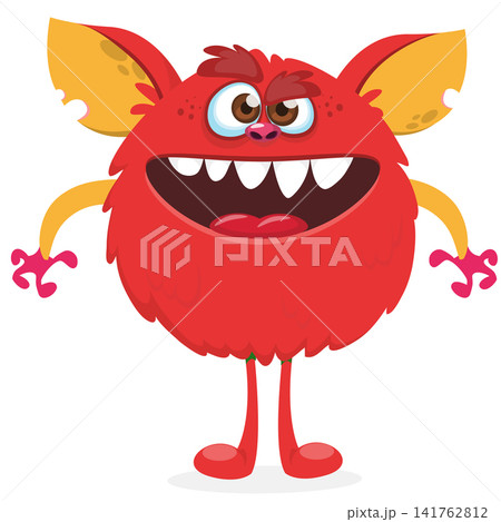 Cartoon cute and funny monster creature character design with scary horns and face expression waving hands . Vector illustration. For Halloween party decoration or package design Cartoon cute and funny monster creature character design with scary horns and face expression waving hands . Vector illustration. For Halloween party decoration or package design 141762812