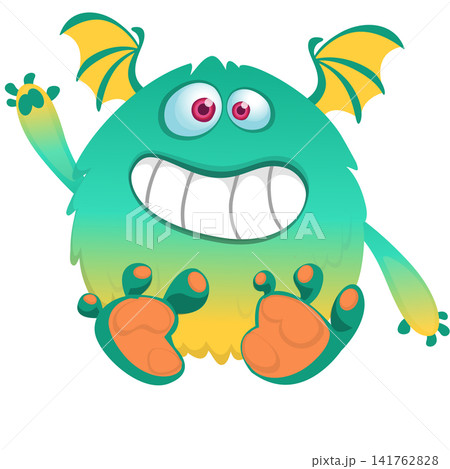 Cartoon cute and funny monster creature character design with scary horns and face expression waving hands . Vector illustration. For Halloween party decoration or package design Cartoon cute and funny monster creature character design with scary horns and face expression waving hands . Vector illustration. For Halloween party decoration or package design 141762828