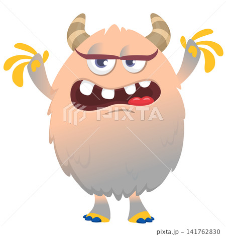 Cartoon cute and funny monster creature character design with scary horns and face expression waving hands . Vector illustration. For Halloween party decoration or package design Cartoon cute and funny monster creature character design with scary horns and face expression waving hands . Vector illustration. For Halloween party decoration or package design 141762830