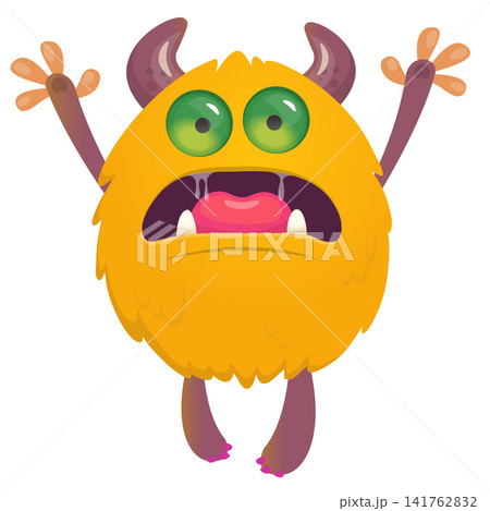 Cartoon cute and funny monster creature character design with scary horns and face expression waving hands . Vector illustration. For Halloween party decoration or package design Cartoon cute and funny monster creature character design with scary horns and face expression waving hands . Vector illustration. For Halloween party decoration or package design 141762832