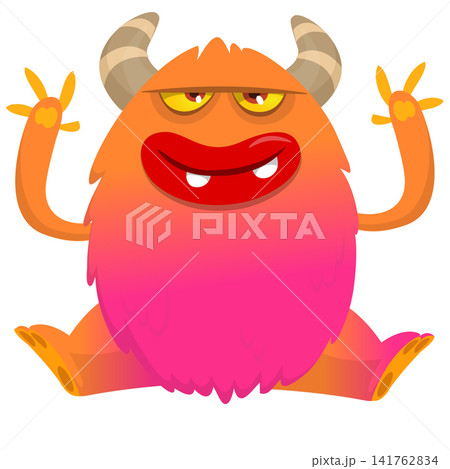 Cartoon cute and funny monster creature character design with scary horns and face expression waving hands . Vector illustration. For Halloween party decoration or package design Cartoon cute and funny monster creature character design with scary horns and face expression waving hands . Vector illustration. For Halloween party decoration or package design 141762834