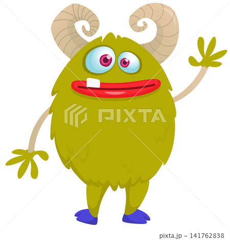Cartoon cute and funny monster creature character design with scary horns and face expression waving hands . Vector illustration. For Halloween party decoration or package design Cartoon cute and funny monster creature character design with scary horns and face expression waving hands . Vector illustration. For Halloween party decoration or package design 141762838