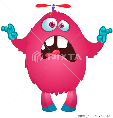 Cartoon cute and funny monster creature character design with scary horns and face expression waving hands . Vector illustration. For Halloween party decoration or package design Cartoon cute and funny monster creature character design with scary horns and face expression waving hands . Vector illustration. For Halloween party decoration or package design 141762848