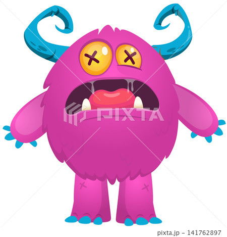 Cartoon cute and funny monster with scary face expression waving hands. Vector illustration isolated on white. For Halloween party decoration or package design Cartoon cute and funny monster with scary face expression waving hands. Vector illustration isolated on white. For Halloween party decoration or package design 141762897