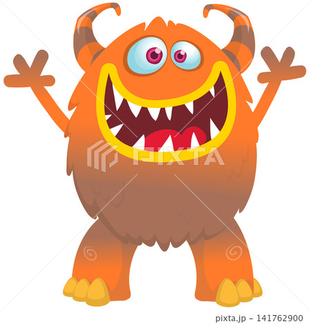 Cartoon cute and funny monster with scary face expression waving hands. Vector illustration isolated on white. For Halloween party decoration or package design Cartoon cute and funny monster with scary face expression waving hands. Vector illustration isolated on white. For Halloween party decoration or package design 141762900