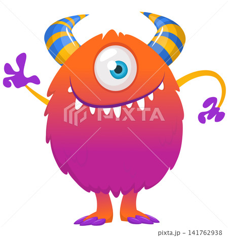 Cartoon cute and funny monster with scary face expression waving hands. Vector illustration isolated on white. For Halloween party decoration or package design 141762938