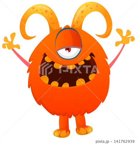 Cartoon cute and funny monster with scary face expression waving hands. Vector illustration isolated on white. For Halloween party decoration or package design 141762939